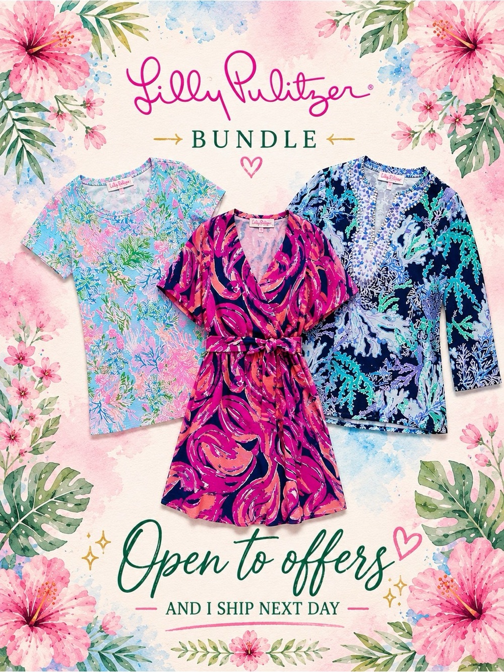 Lilly Pulitzer 3 Piece Bundle Renato Silk Tunic Amoritta Dress Etta Tee XS